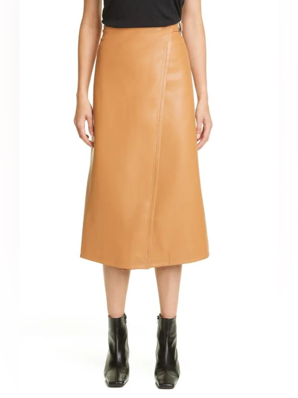Simon Miller Vega Vegan Faux Leather Buckle Wrap Midi Skirt in Toffee NWT